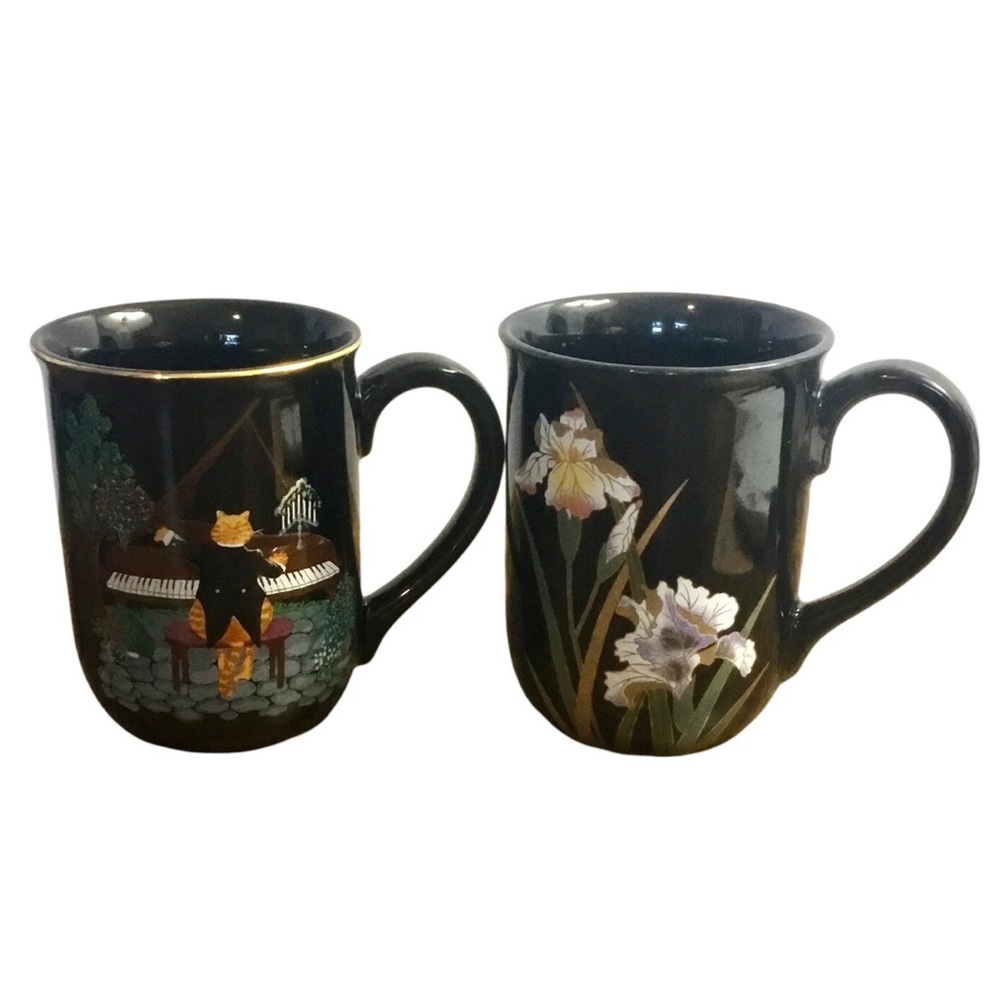 2 Otagiri Coffee Mugs Cat & Piano & Iris Garden - Hope Cartwright Lot Vintage
